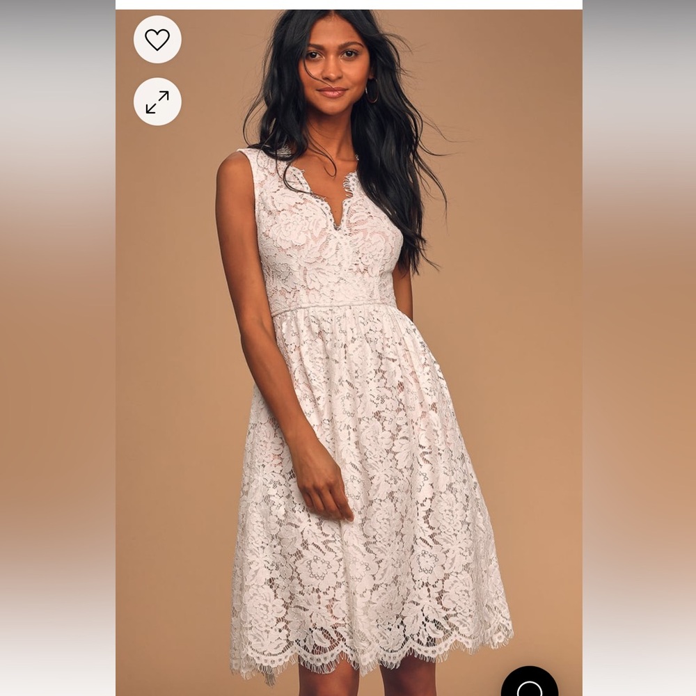 Lulus Love Swept Lace Midi Skater Dress With Pockets in White Lace & Nude, Sz M